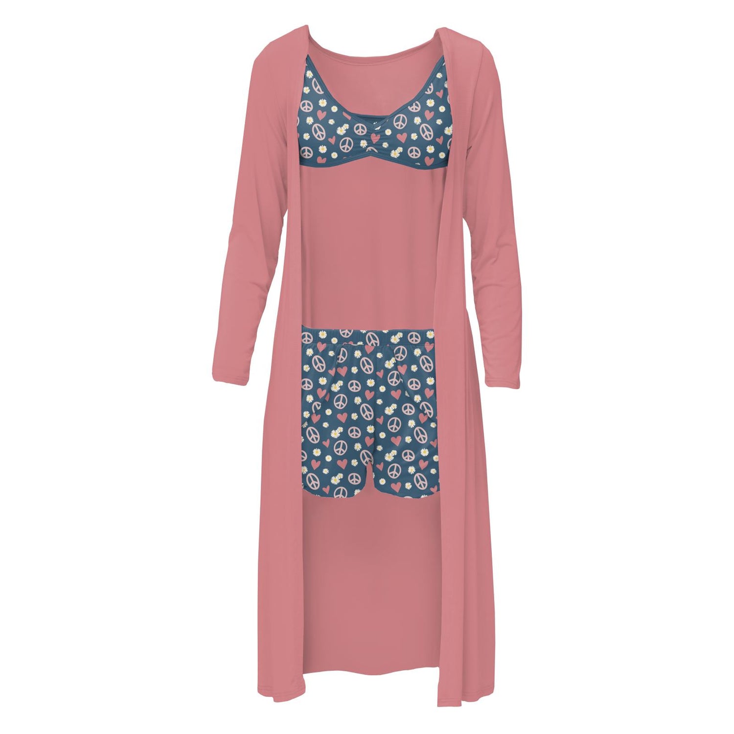 Women's Print Sleeping Bra, Tulip Shorts and Duster Robe Set in Peace, Love and Happiness