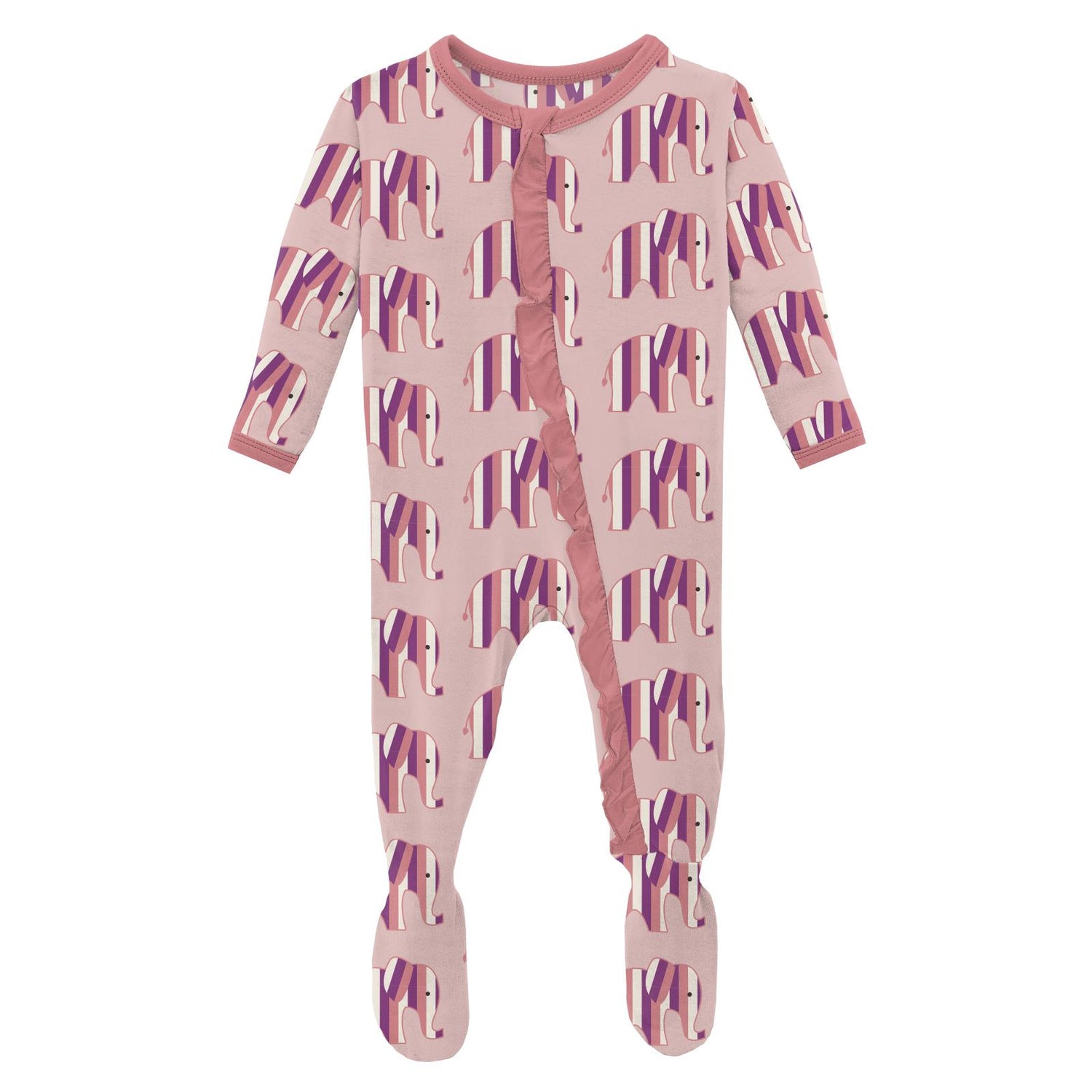 Print Classic Ruffle Footie with Zipper in Baby Rose Elephant Stripe