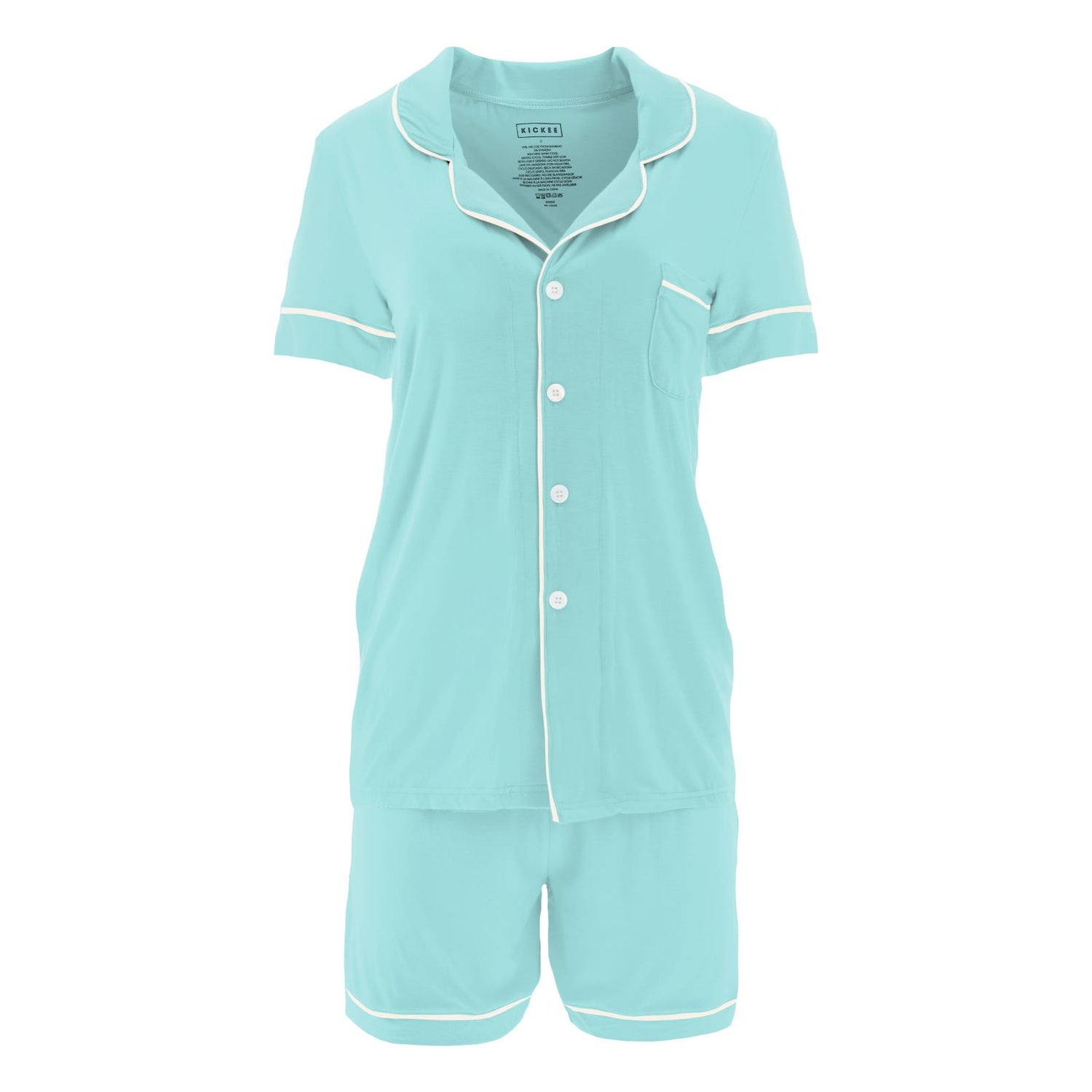 Women's Short Sleeve Collared Pajama Set with Shorts in Summer Sky with Natural