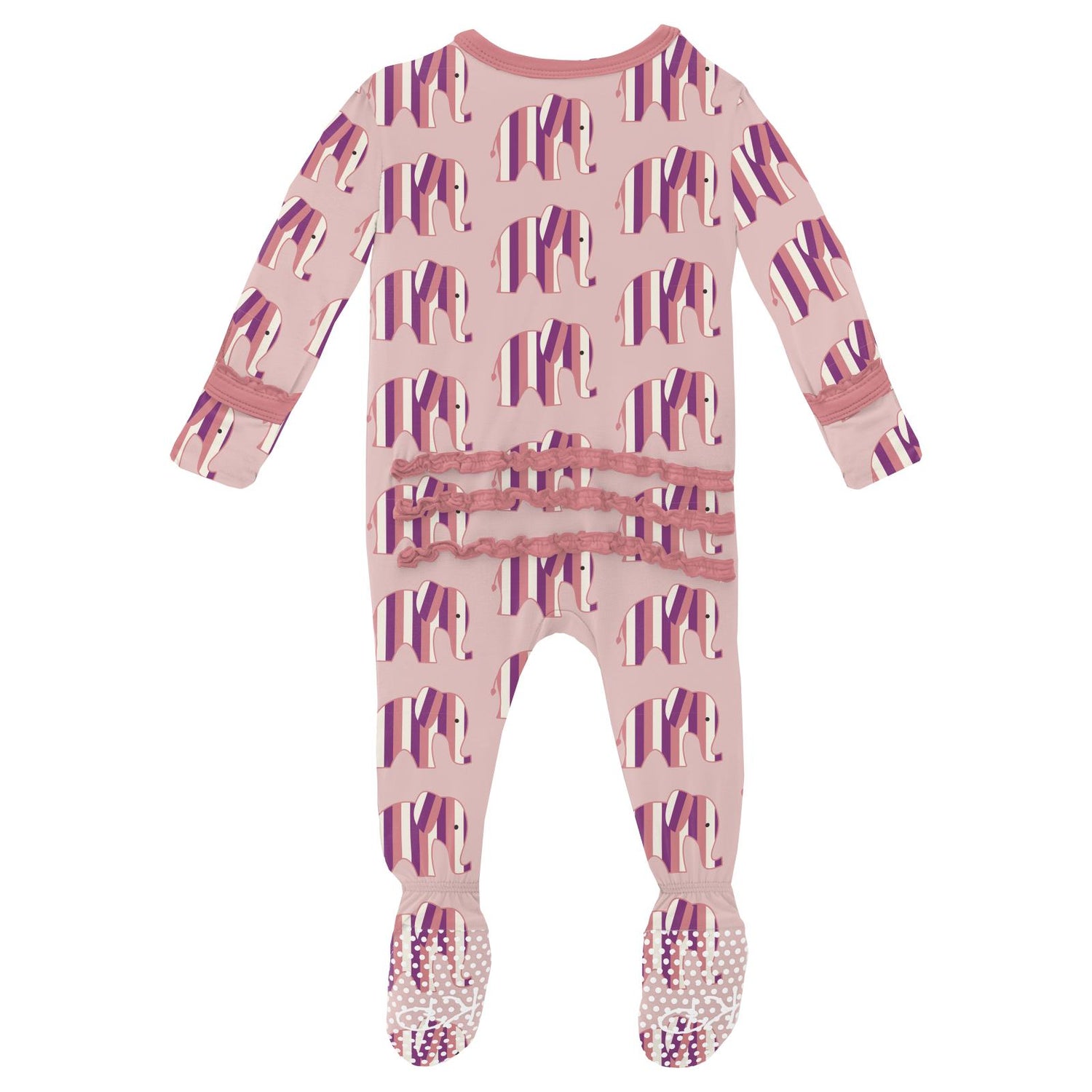 Print Muffin Ruffle Footie with Zipper in Baby Rose Elephant Stripe