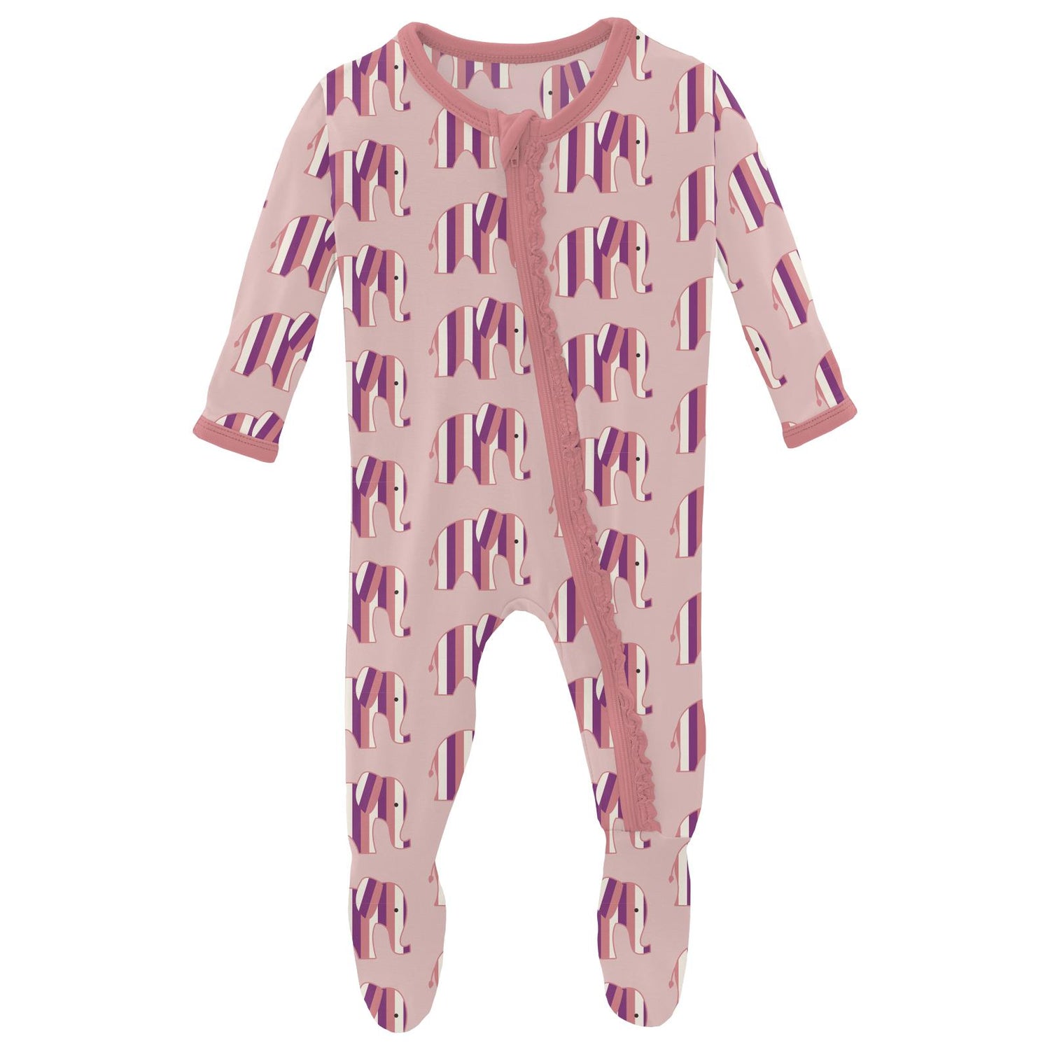 Print Muffin Ruffle Footie with Zipper in Baby Rose Elephant Stripe