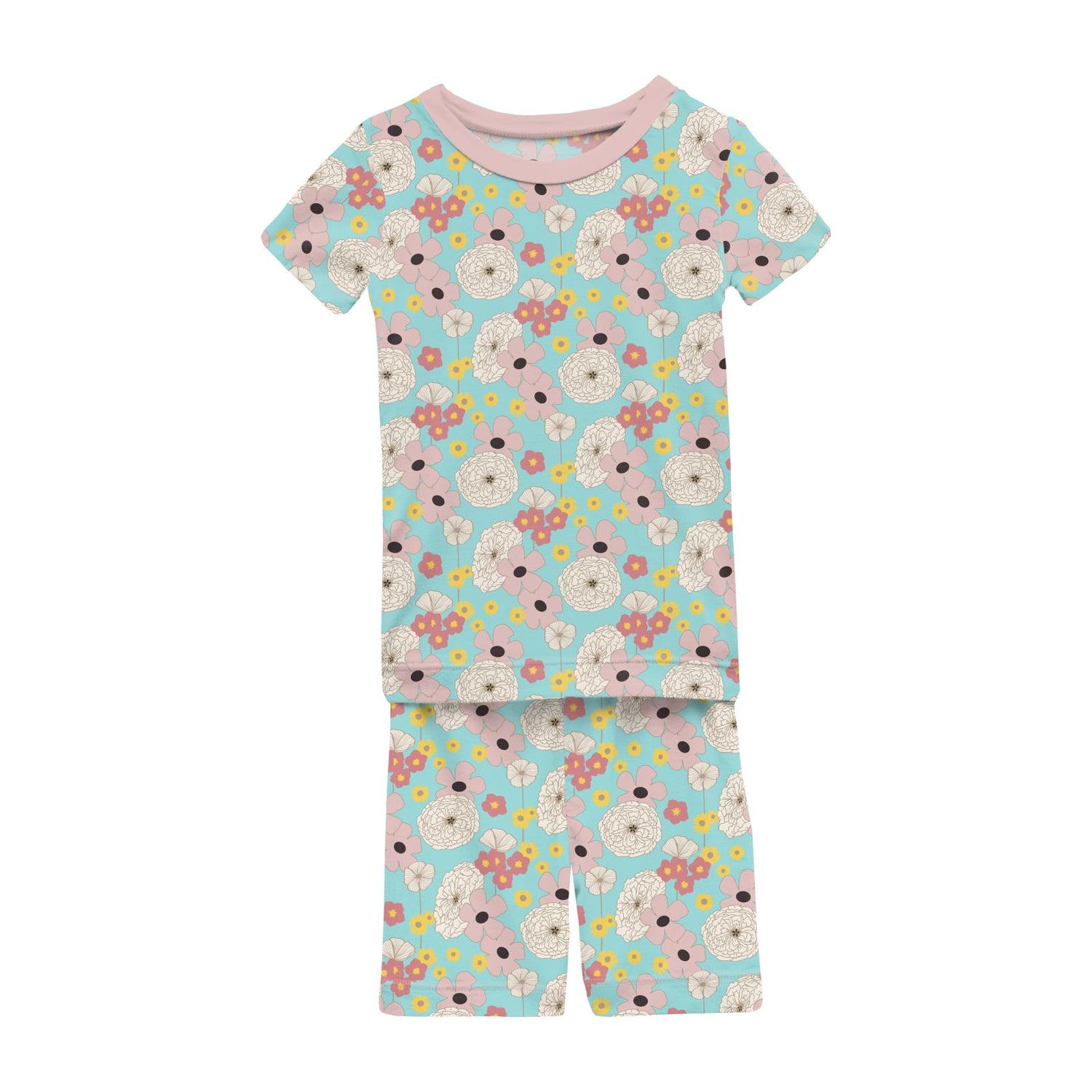 Print Short Sleeve Pajama Set with Shorts in Summer Sky Flower Power