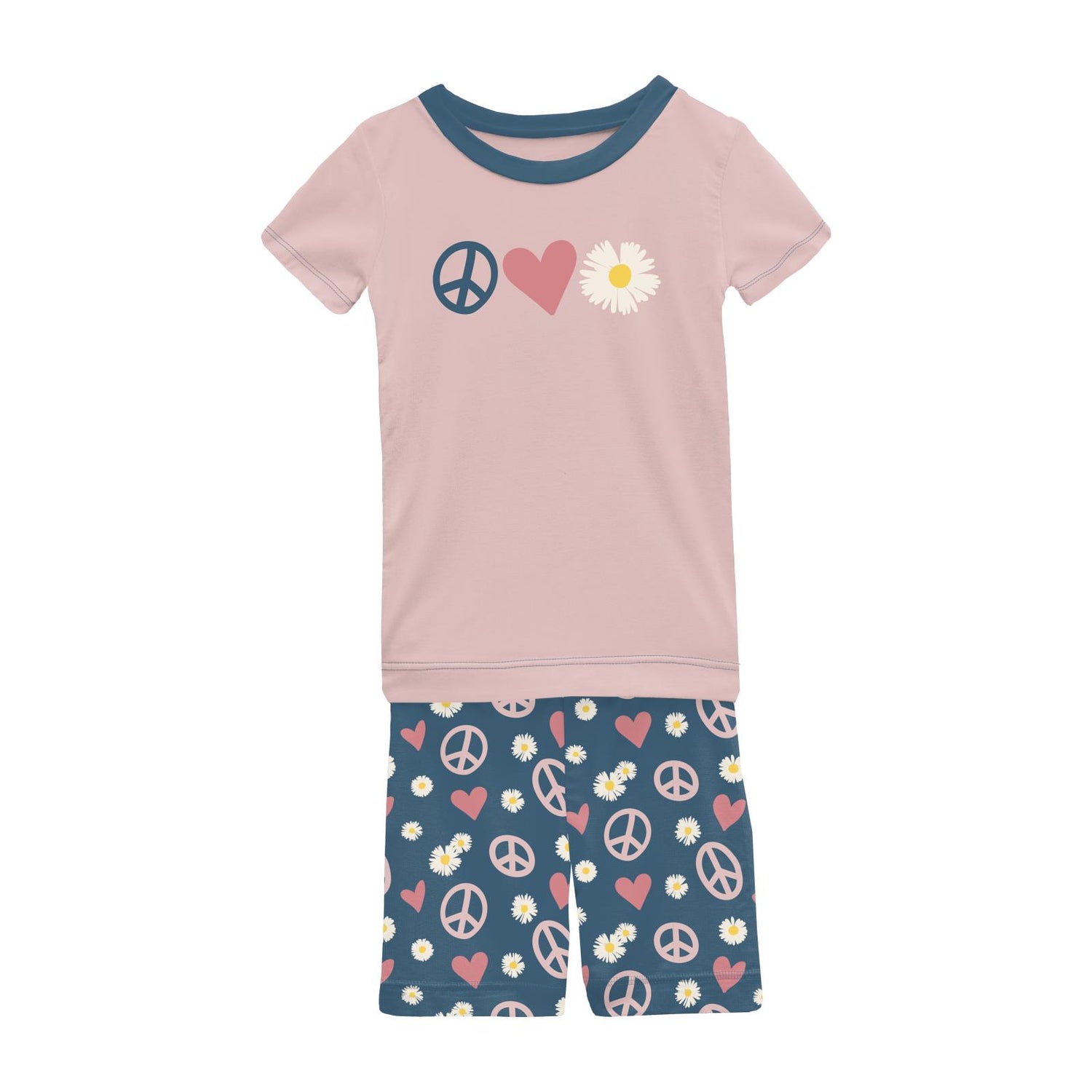 Short Sleeve Graphic Tee Pajama Set with Shorts in Peace, Love and Happiness