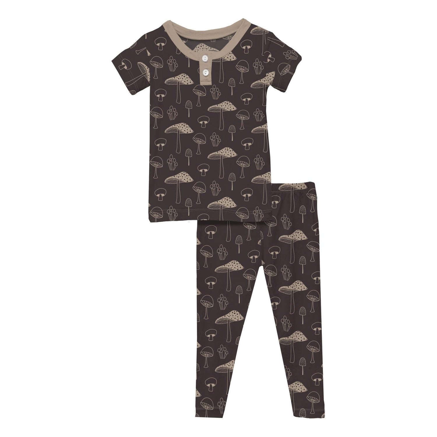 Print Short Sleeve Henley Pajama Set in Midnight Mushrooms