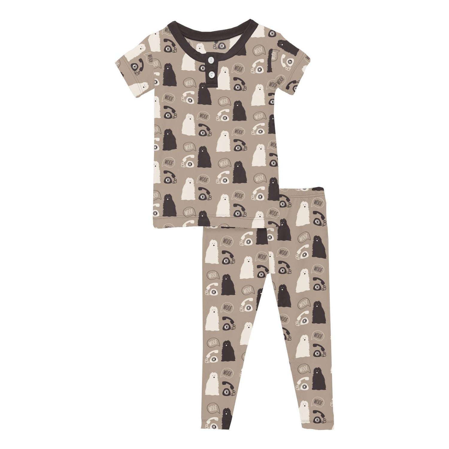 Print Short Sleeve Henley Pajama Set in Popsicle Stick Telephone and Dog