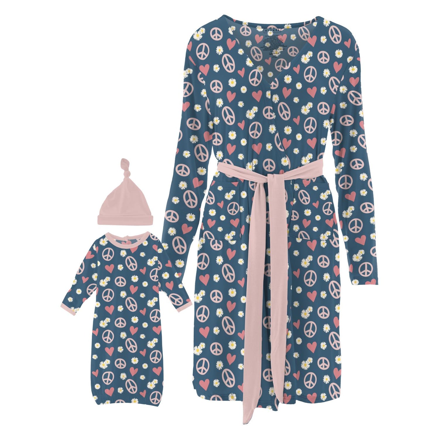 Women's Print Mid Length Lounge Robe & Layette Gown Set in Peace, Love and Happiness