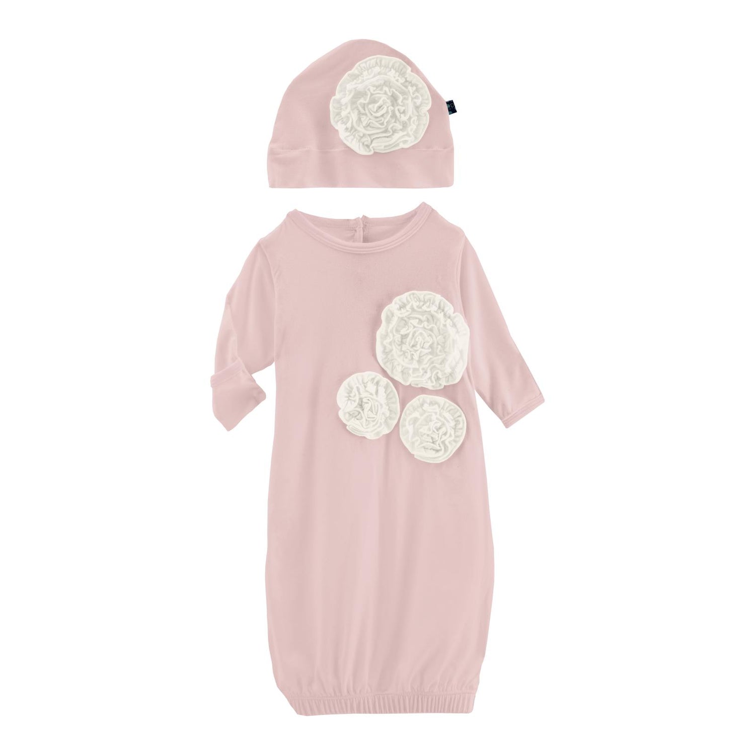 Dahlia Flower Layette Gown & Flower Hat Set in Baby Rose with Natural
