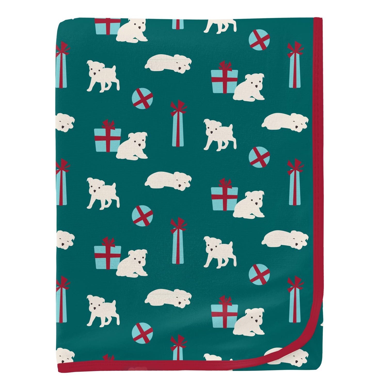 Print Swaddling Blanket in Cedar Puppies and Presents