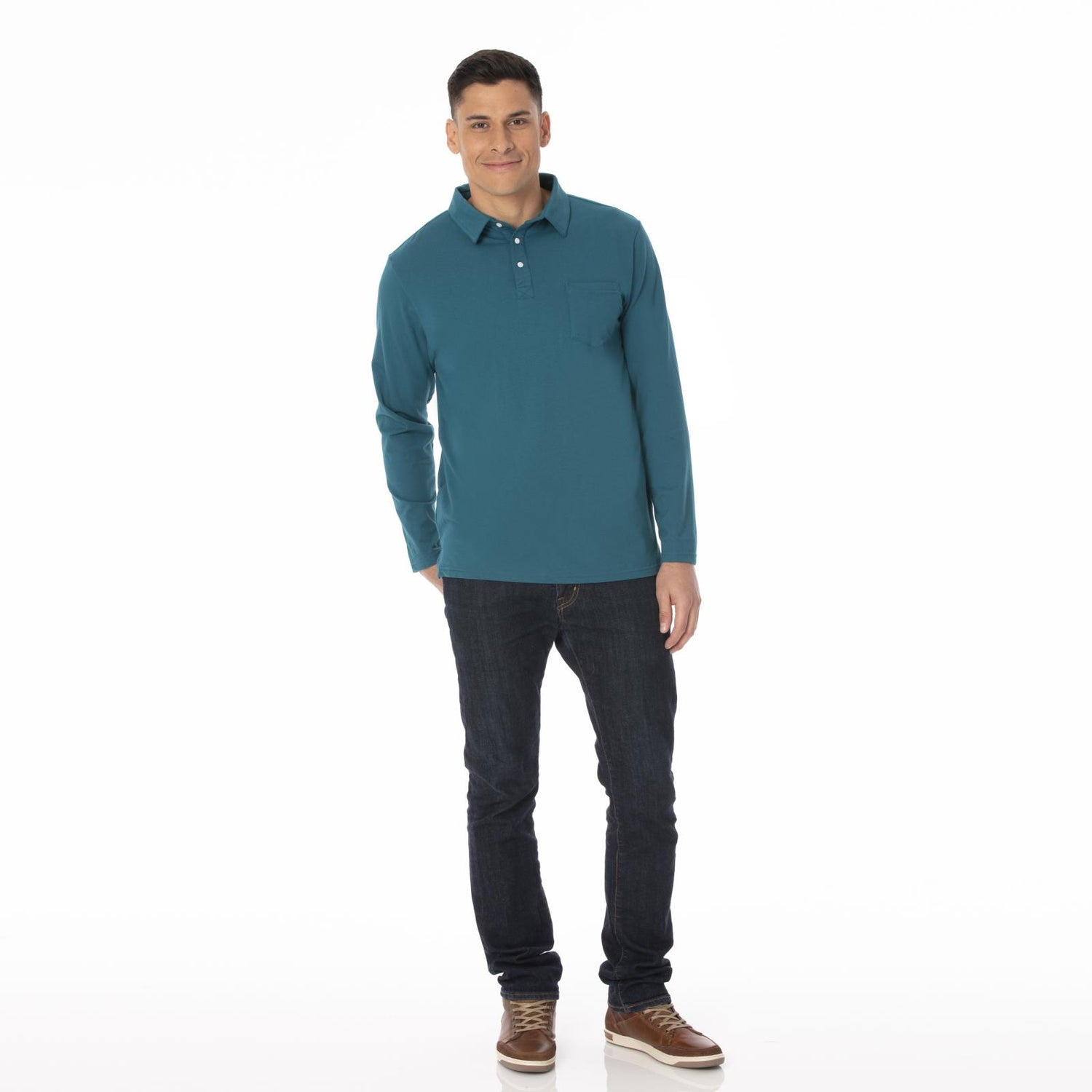Men's Long Sleeve Luxe Jersey Polo in Heritage Blue