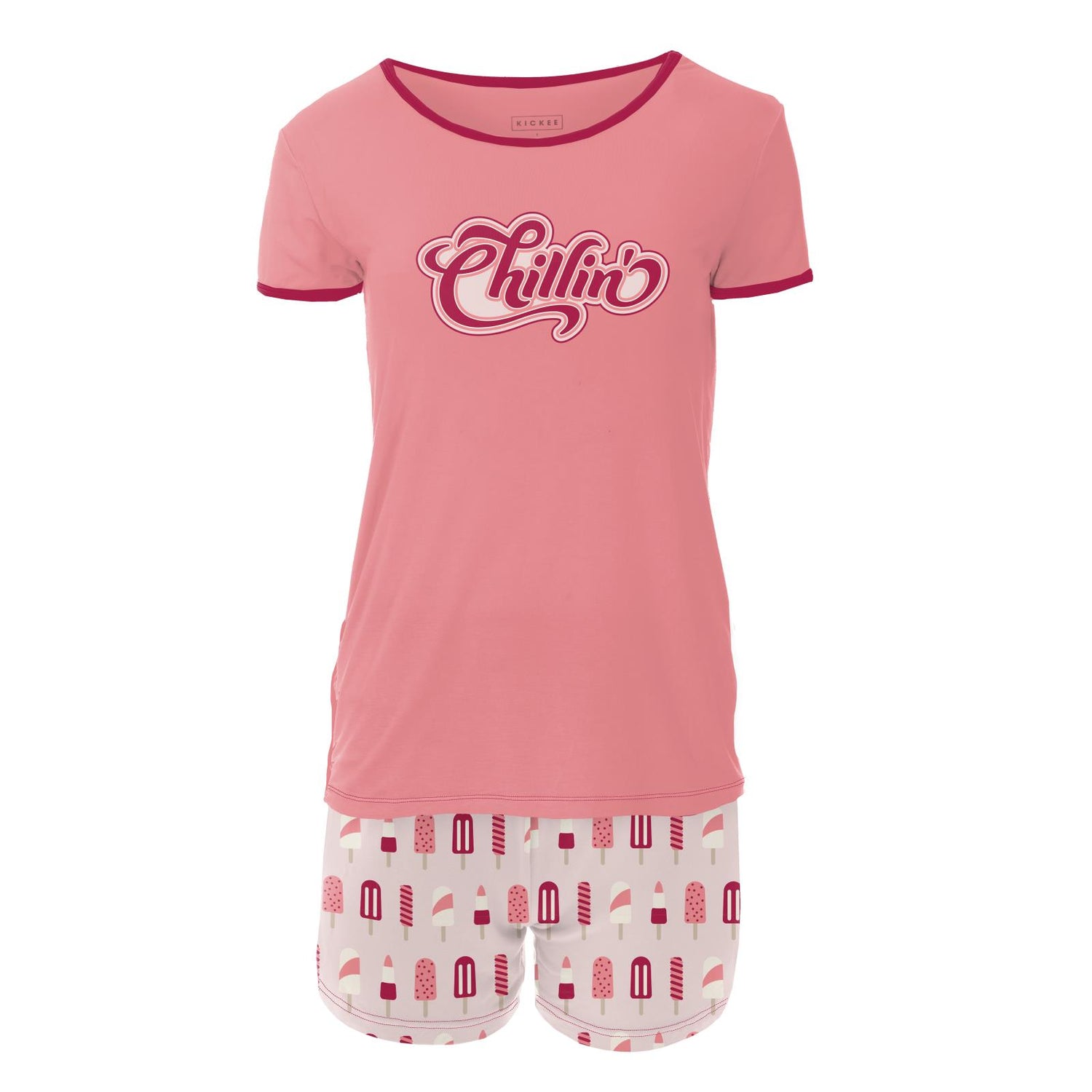 Women's Short Sleeve Graphic Tee Fitted Pajama Set with Shorts in Macaroon Popsicles