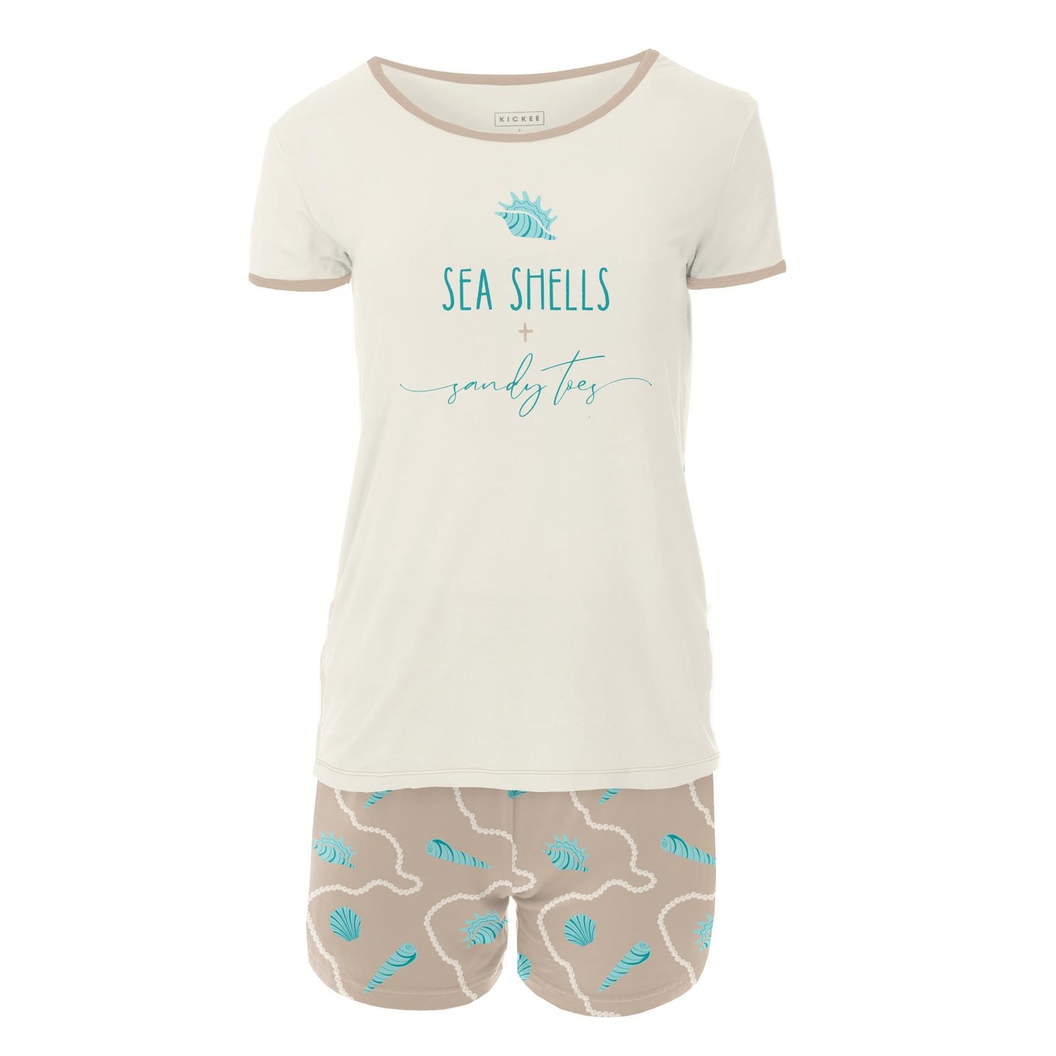 Women's Short Sleeve Graphic Tee Fitted Pajama Set with Shorts in Burlap Shells