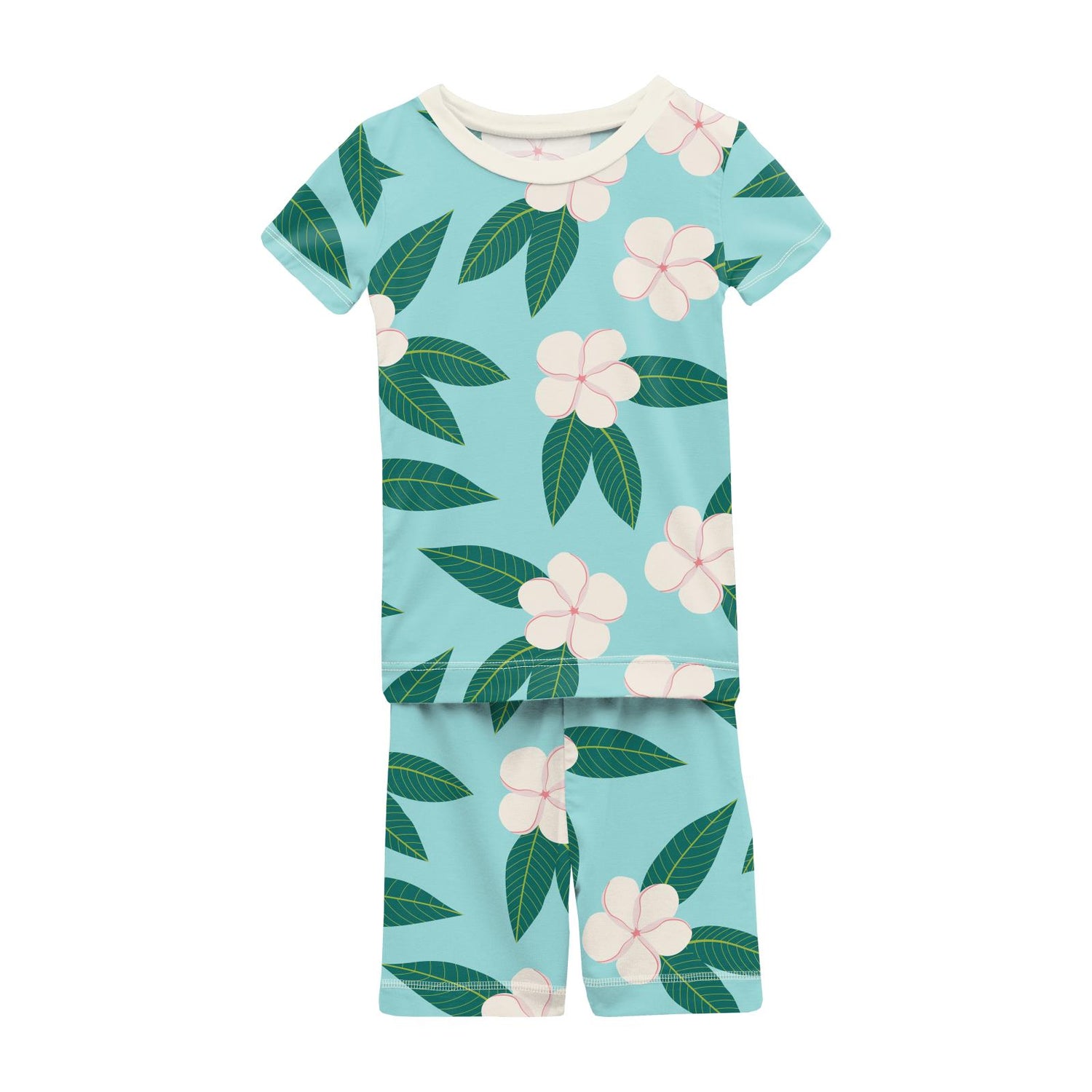 Print Short Sleeve Pajama Set with Shorts in Summer Sky Plumeria