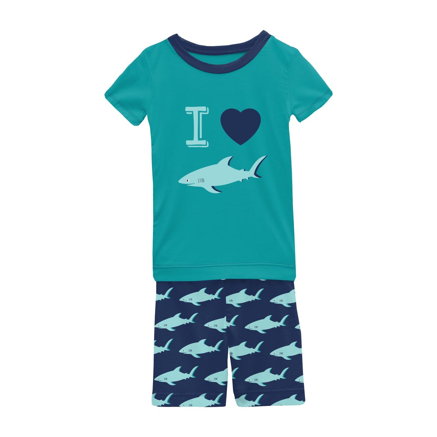 Short Sleeve Graphic Tee Pajama Set with Shorts in Flag Blue Sharky