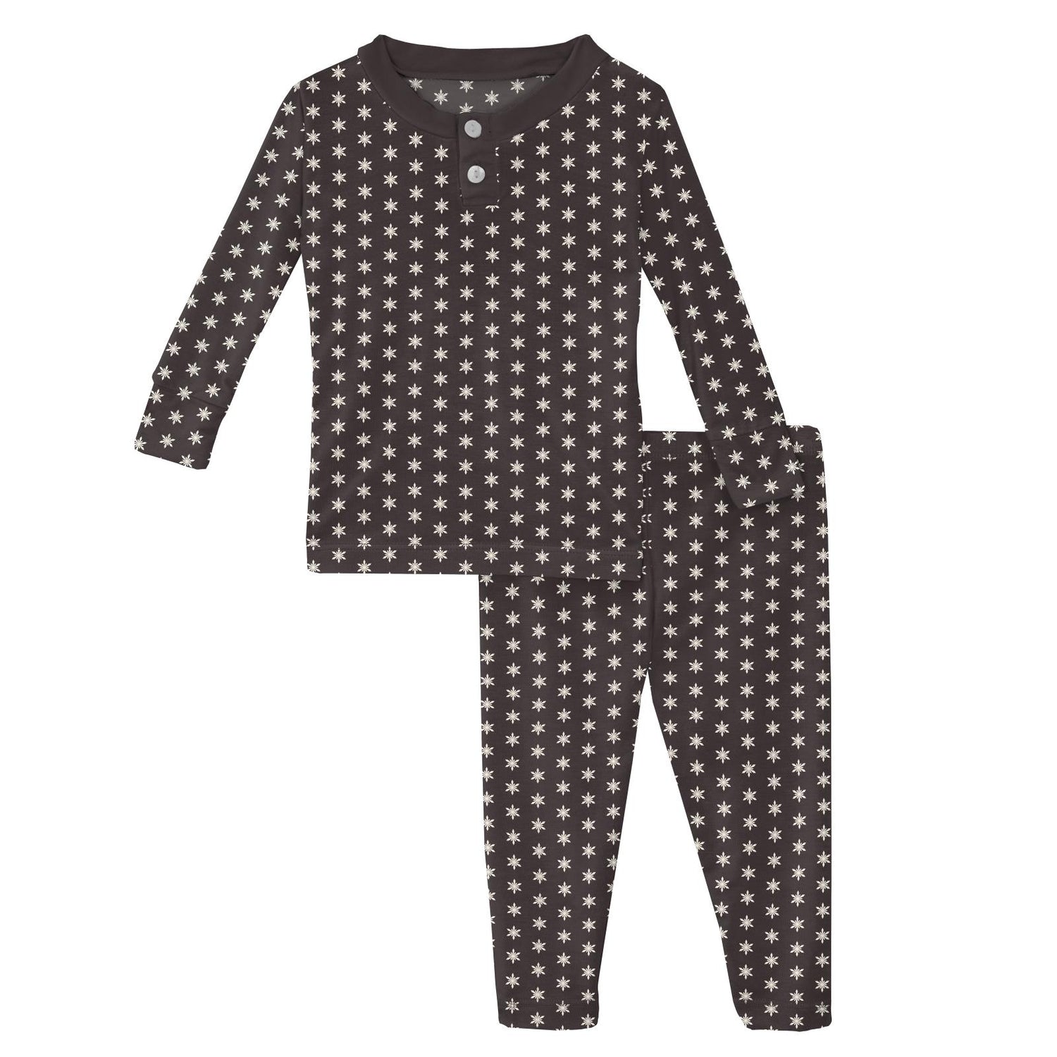 Print Long Sleeve Luxe Henley Pajama Set in Midnight Tiny Snowflakes