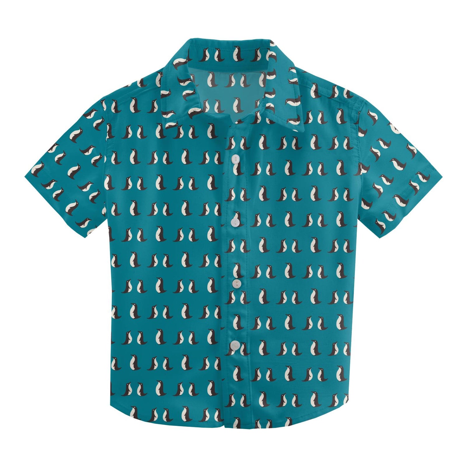 Print Short Sleeve Woven Button Down Shirt in Bay Penguins